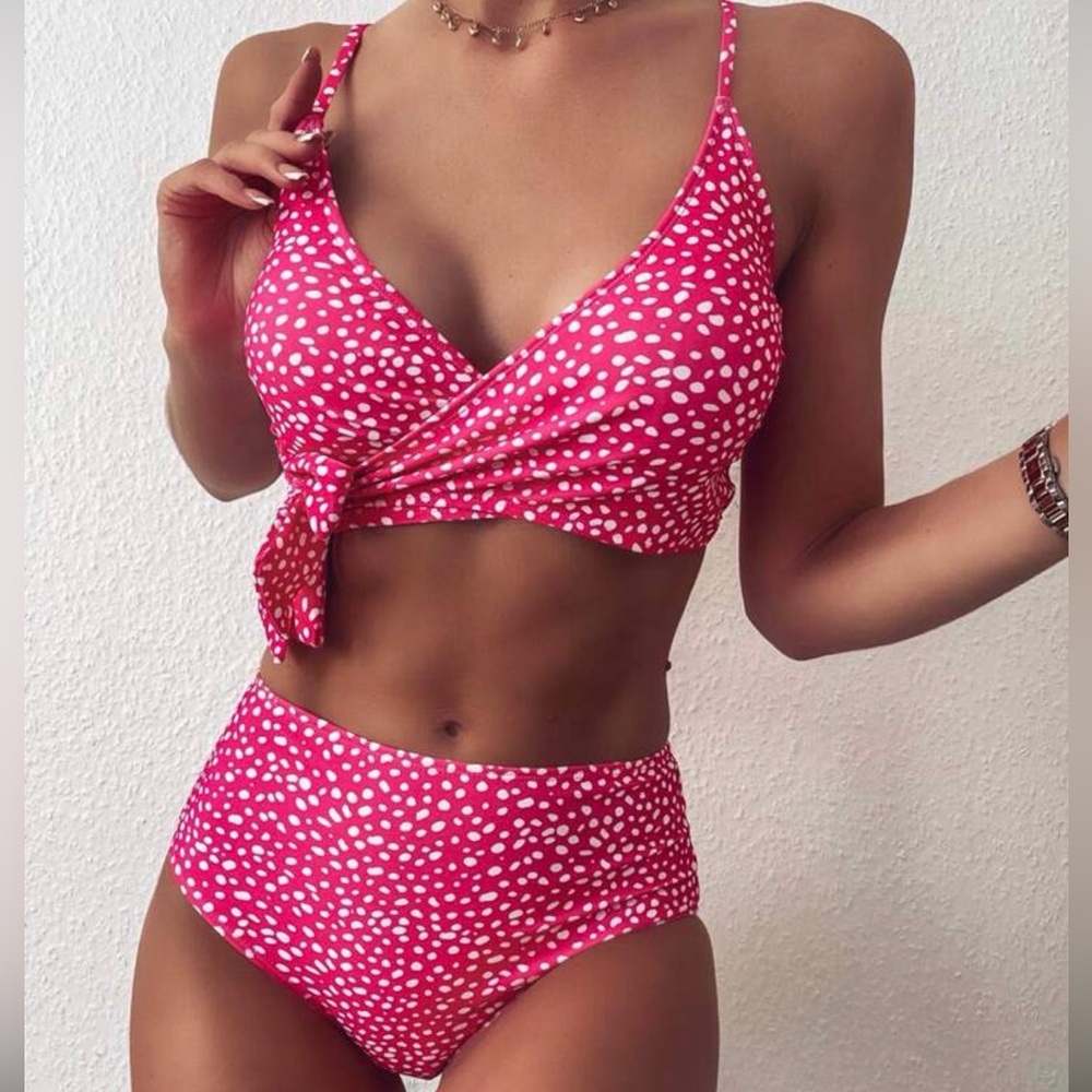 Pink and White Polka Dot High Waist Bikini Set V neck adjustable tie bow large